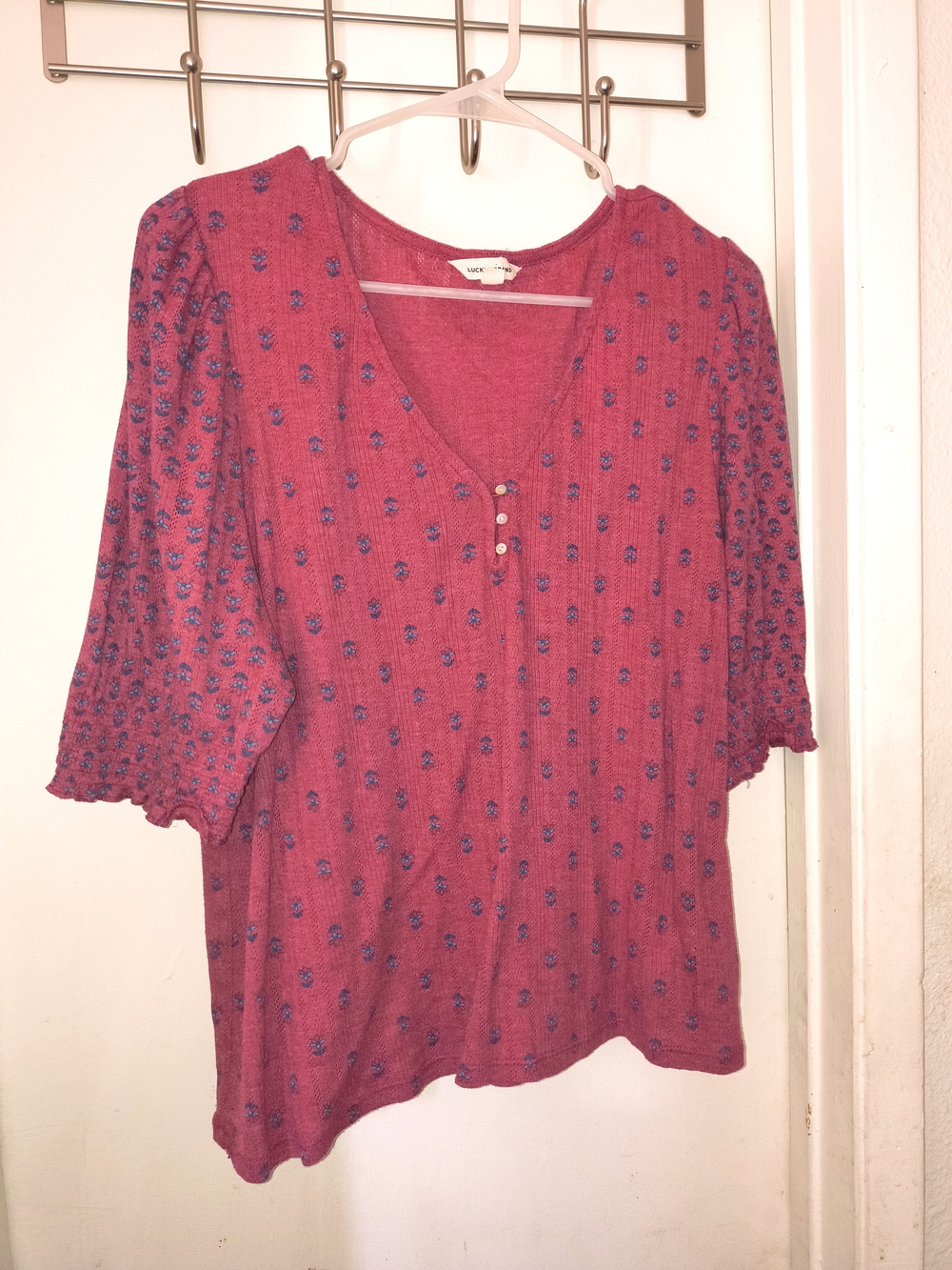 Lucky Brand Rose-Pink V-Neck Puff Sleeve Top with Blue Floral Dot